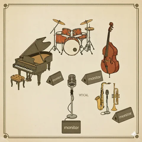 Schemat układu zespołu Lazy Swing Band na scenie - rozmieszczenie instrumentów: piano z monitorem M4, perkusja, kontrabas, wokal z monitorem M3, saksofon i trąbka z mikrofonem do chórków oraz monitor M2, monitor M1 w centrum sceny